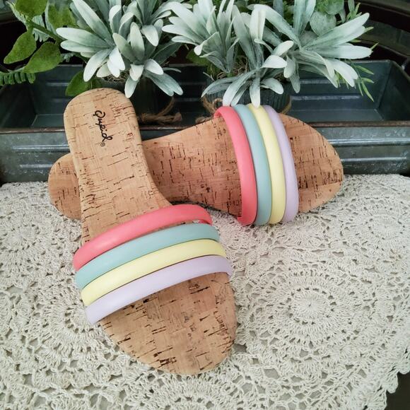 Qupid Women's Puffy Strappy Cork Slide Sandal with Pastel Colors in Size 7 - Picture 2 of 11